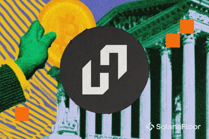A colorful collage-style graphic features a central black Solana logo over classical-column imagery, with an orange sun, green hand, and orange squares. The text “SolanaFloor” appears at the bottom right, matching the post’s announcement of Hylo’s $1M strategic funding round led by Solana Ventures to expand leverage and yield infrastructure on Solana.