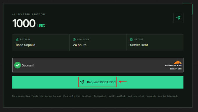 The image shows a Cloudflare Faucet allocation page for 1000 USDC on the Base Sepolia network, with a 24-hour cooldown and server-sent payout, featuring a "Request 1000 USDC" button to obtain testnet funds for use on the FX100 perpetual trading platform.
