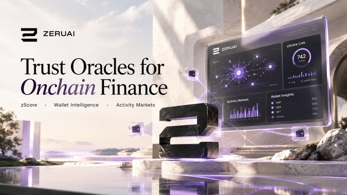 A promotional banner for 'ZERUAI' featuring the tagline 'Trust Oracles for Onchain Finance' alongside futuristic dashboard graphics showing 'Activity Markets' and 'zScore Live.'