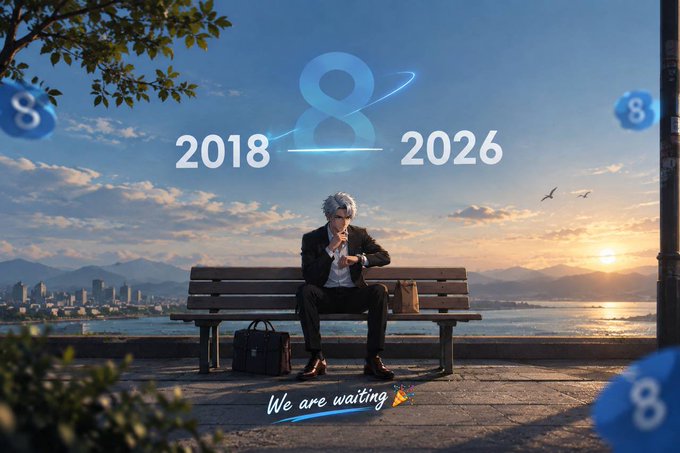 A promotional graphic titled 'We are waiting' shows a silver-haired man in a suit sitting on a bench by the sea at sunset, with '2018' and '2026' flanking a large stylized '8' logo.