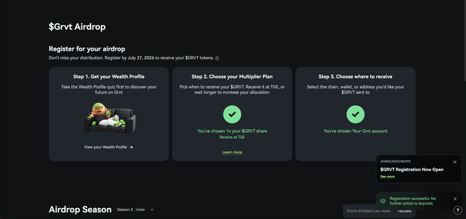 The image shows the $GRVT Airdrop registration page with a deadline of July 27, 2026, displaying three steps: Get Wealth Profile, Choose Multiplier Plan, and Choose where to receive—confirming steps "You've chosen 1x your $GRVT share. Receive at TGE" and "You've chosen your Grvt account" are completed. An "ANNOUNCEMENTS" notification confirms "$GRVT Registration Now Open," with a success message at the bottom stating registration is complete with 1,064,450 points earned, aligning with the post's instructions to register before forfeiting TGE rewards.