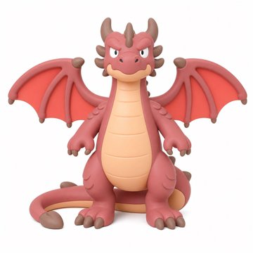 A 3D-rendered cartoon dragon character with pinkish-red scales, a cream-colored belly, wings, and small horns stands upright against a white background.