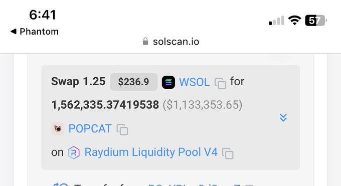 A mobile browser screenshot of solscan.io showing a crypto swap of '1.25 $236.9 WSOL' for '1,562,335.37419538 ($1,133,353.65) POPCAT' on Raydium Liquidity Pool V4.