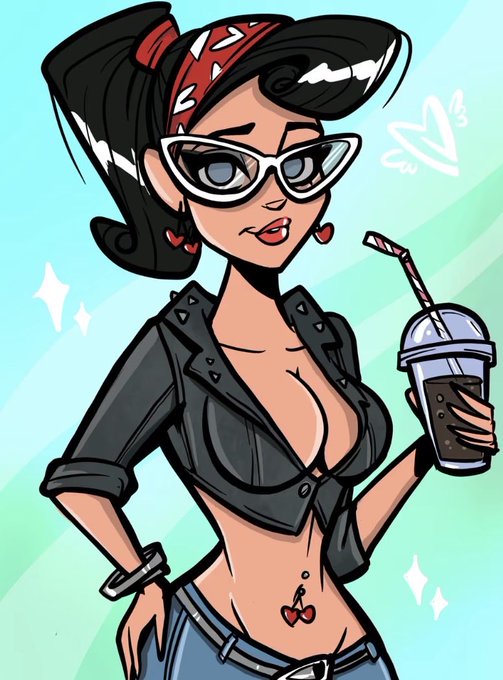 A cartoon illustration of a stylized woman with dark hair in a ponytail, wearing white cat-eye glasses, a tied-up black leather jacket, and holding a bubble tea cup with a striped straw.