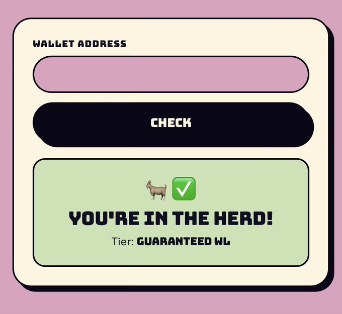 The image features a pink background with a white sign that reads "Wallet Address". Below this, there are two lines of text - one saying "Check" and another stating "You're in the herd!". The image also includes an image of a goat, which is part of a gif.