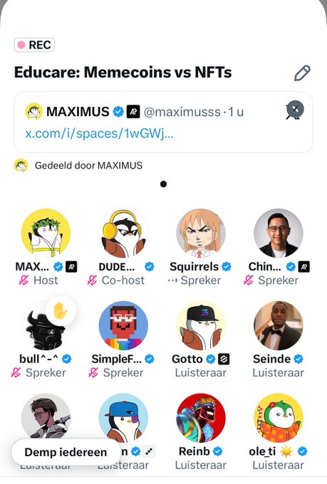 A screenshot of a Twitter/X Space recording titled 'Educare: Memecoins vs NFTs' hosted by @maximusss, showing participants including MAX, DUDE, Squirks, Chin, bull, SimpleF, Gotto, Seinde, Reinh, and ole_ti.