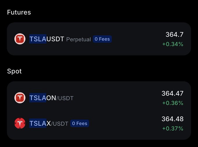 A trading app interface showing Tesla (TSLA) tokenized stock prices on a crypto exchange, with TSLAUSDT Perpetual at 364.7 (+0.34%), TSLAON/USDT at 364.47 (+0.36%), and TSLAX/USDT at 364.48 (+0.37%).