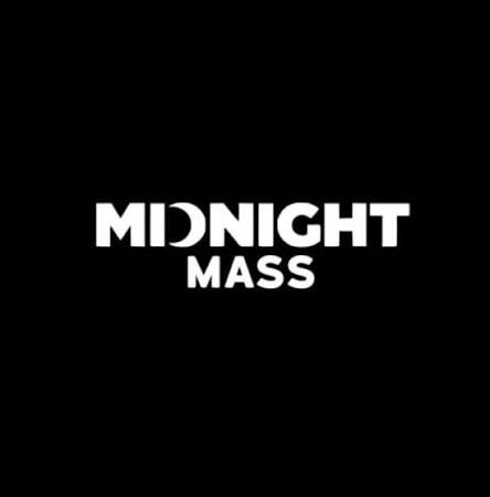 A title card displaying "MIDNIGHT MASS" in white text against a black background, featuring a crescent moon incorporated into the 'D' of 'MIDNIGHT'.