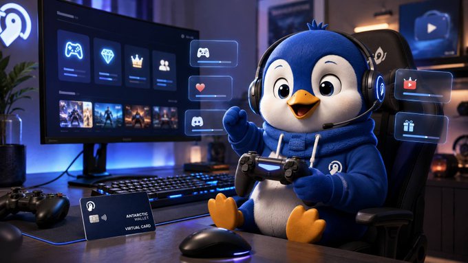 The image shows a cute blue penguin mascot wearing headphones and holding a gaming controller, sitting at a desk in a gaming setup with a monitor displaying game icons, a keyboard, and an "Antarctic Wallet Virtual Card" prominently displayed in the foreground. This visually reinforces the post's message about gaming expanding beyond gameplay to include various digital services that can all be managed with the Antarctic Wallet Online Card.