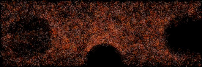 An abstract digital artwork featuring a textured, web-like pattern of reddish-orange lines against a black background, resembling a dense fractal or neural network.