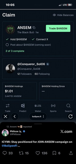 A mobile screenshot of the BullpenFi app showing a 'Claim' page for $ANSEM (The Black Bull) with 3.447151 holdings and a 'Trade $ANSEM' button, alongside a reposted tweet from @Philose.