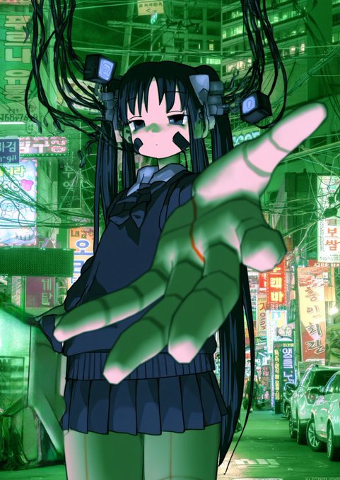 An anime-style illustration of a dark-haired girl in a school uniform with a large robotic green hand reaching toward the viewer, set against a neon-lit city backdrop with Korean signage.
