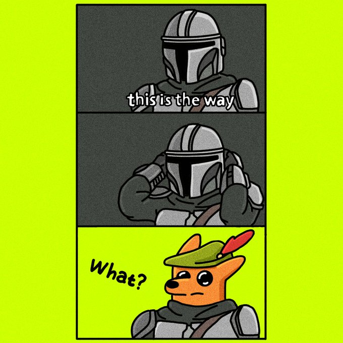A three-panel comic shows a Mandalorian-style armored character saying "this is the way" in the first two panels, followed by a confused fox character in a feathered hat responding "what?" in the third panel.

The image humorously relates to the post by illustrating "the way" (token allocation) the project is following—burning 3% and airdropping 2%—while the fox character (likely representing $Foxley) appears confused or questioning about the plan.