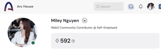A profile page on Arc House for 'Miley Nguyen', a Web3 Community Contributor who is Self-Employed, showing a score of 592.