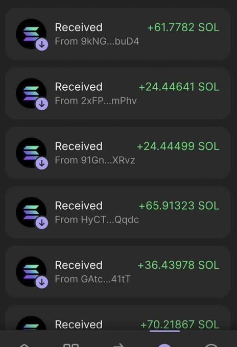 A mobile app screenshot shows a series of 'Received' transactions in Solana (SOL) ranging from +24.44 to +70.21 SOL from various sender addresses.