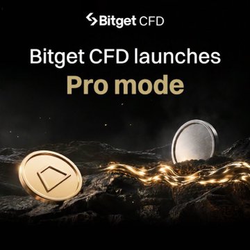 A promotional graphic for Bitget CFD announces the launch of its "Pro mode," featuring the text "Bitget CFD launches Pro mode" displayed over a dark, rocky landscape with golden light effects and two metallic coins. The image visually supports the announcement about Bitget CFD Pro Mode being live with features designed for high-frequency and large-volume traders.