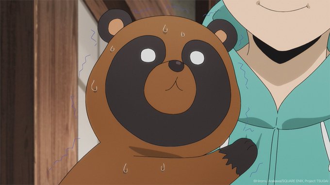 The image shows an animated brown bear character with wide, startled eyes and sweat drops on its face, being held by a smiling character in a teal shirt. The watermark reads "© Irono Naosawa/SQUARE ENIX, Project TSUKAI," and the bear's nervous, panicked expression mirrors the "lock in" meme sentiment in the post about confident trading aspirations ("going to 1B" referencing a billion-dollar price target).
