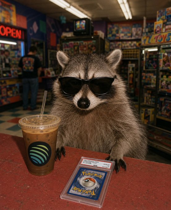 A raccoon wearing sunglasses sits at a counter with an iced coffee featuring a custom logo and a graded Pokémon card (labeled "Mint 9"), inside a toy and collectibles shop. The scene humorously captures the "BIG WEEK" theme—pairing a specialty coffee with a prized mint-condition Pokémon card—while the "OPEN" sign and toy-lined shelves emphasize the collectible shop setting.