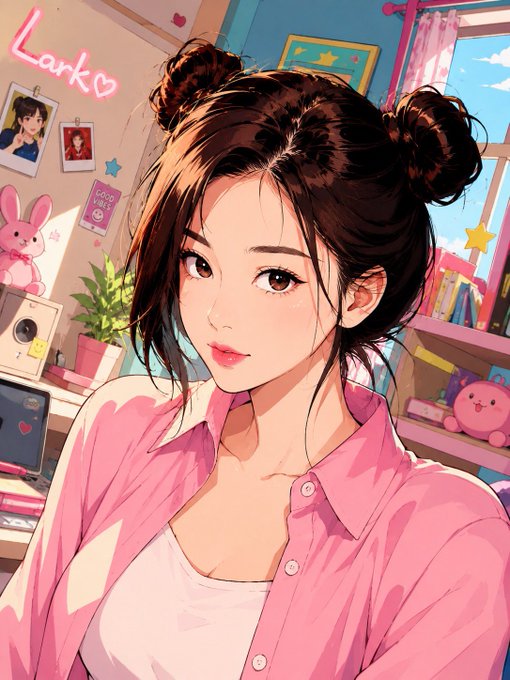 An anime-style illustration of a young woman with dark hair in double buns wearing a pink shirt, in a colorful room with 'Lark' neon sign, photos, and plush toys.