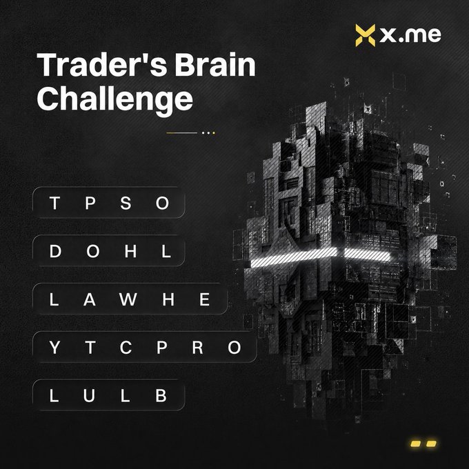 A dark, tech-themed promotional graphic for the "Trader's Brain Challenge" by x.me, featuring a stylized digital/circuit-style brain and five scrambled letter rows (TPSO, DOHHL, LAWHE, YTCPRO, LULB) that contestants must unscramble to win $50 USDT, as outlined in the accompanying giveaway post.