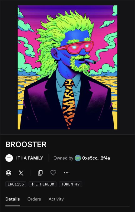 A digital NFT listing titled 'BROOSTER' showing a stylized illustration of a blue-skinned character with neon green hair and beard wearing red sunglasses and a suit, part of the ITIA FAMILY on ERC-1155 Ethereum.