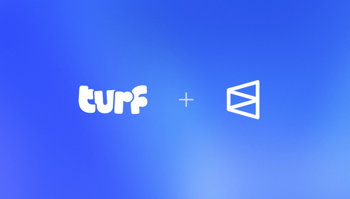Logo graphic on a blue background displaying "turf" in lowercase letters next to a plus sign and a geometric icon resembling a stylized "M" or kite shape.