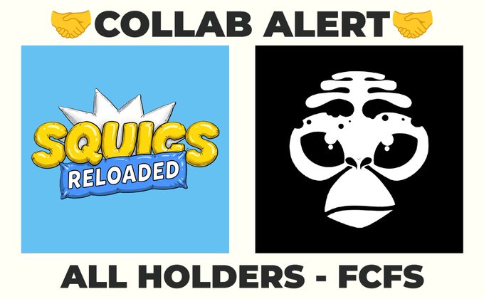 The image features a poster with two cartoon images of apes sitting next to each other. The poster has text that reads "Collab Alert" at the top, followed by "Squigs Reloaded" below it, and "All Holders - FCFS" at the bottom. The text also mentions that the apes are Genesis apes, 3D apes, moon energy, space chaos, and Genesis apes, 3D apes, moon energy, space chaos. This poster is related to a post about SquigsReloaded, which suggests that the collab between the apes might be a collaboration or partnership in the gaming industry.