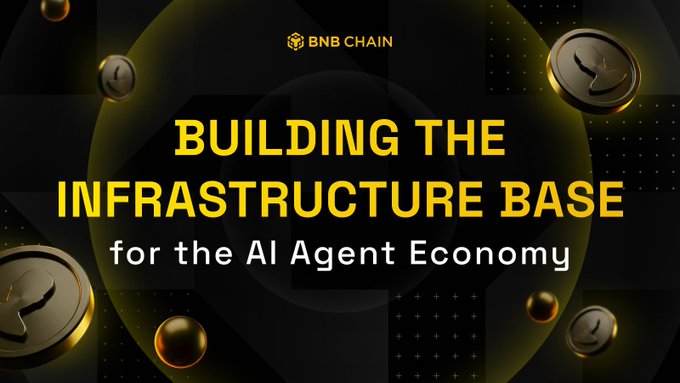 The image features an advertisement for a project called "Building The Infrastructure Base For The AI Agent Economy" by BNB Chain. The text at the top of the image reads, "Counting how many AI projects sit on a chain misses the point. The real test is how many can finish a full job: get the go-ahead, pay, run the task, leave a record." This statement emphasizes that the project's main focus should be on completing tasks and not just counting the number of AI projects sitting on a chain.