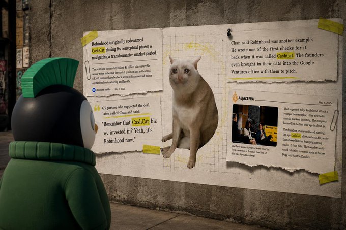 A Reddit-style mascot looks at a wall covered with pinned articles about "CashCat," including mentions of an Al Jazeera piece from May 7, 2005, where the founders pitched to Google Ventures. The "$CASHCAT" ticker ties into the post's plea, framing the meme-worthy feline venture as a desperate last hope.