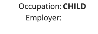 The image displays a child identification form with the occupation listed as "CHILD" and the employer field left blank, humorously reinforcing the post's claim that the poster's son has "the best job and doesn't even know it."