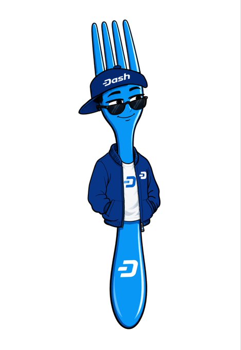 A cartoon mascot of a blue fork wearing sunglasses and a navy 'Dash' cap and jacket, representing the Dash cryptocurrency.