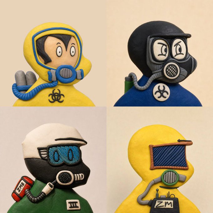 Four cartoon figures wearing yellow and dark hazmat suits with gas masks and biohazard symbols, rendered in a claymation or illustration style.