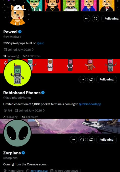 A series of X/Twitter profile cards showing verified accounts: Pawxel (@PawxelNFT) featuring pixel pups, Robinhood Phones (@RobinhoodPhones) advertising a collection of pocket terminals, and Zorpians (@zorpians) coming from the Cosmos.