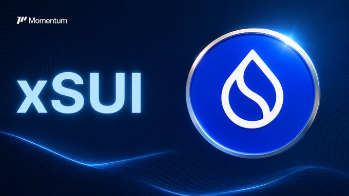 A promotional graphic for Momentum's xSUI token features the Momentum logo and name in the top left corner, with the large glowing "xSUI" text and a blue circular emblem containing a stylized water drop/flame icon on the right, visually representing the liquid staking concept where staked SUI remains usable across DeFi while earning yield.