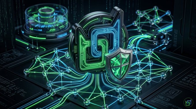 A digital artwork featuring a glowing 3D 'C' logo with a green shield icon against a neon circuit board background with network connection patterns.