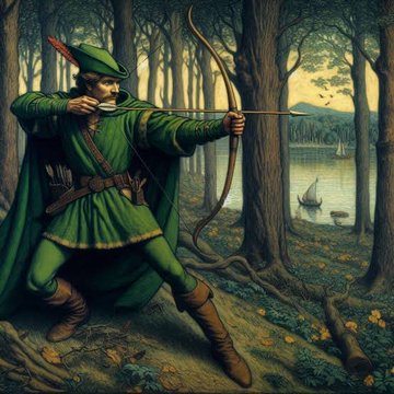 The image depicts Robin Hood, an archer in a forest, which visually represents the "hero" side of the accompanying post’s narrative about Robinhood (the trading platform) helping retail investors. The legend of Robin Hood is invoked to contrast with depicted "villain" Trump.