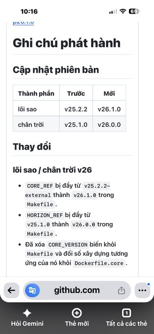 A mobile screenshot showing a GitHub release notes page titled "Ghi chú phát hành" (Release Notes) displaying version updates for Pi Network, specifically showing stellar core being updated from v25.2.2 to v26.1.0 and horizon from v25.1.0 to v26.0.0, with changes listing CORE_REF and HORIZON_REF pushed to their new versions in the Makefile.