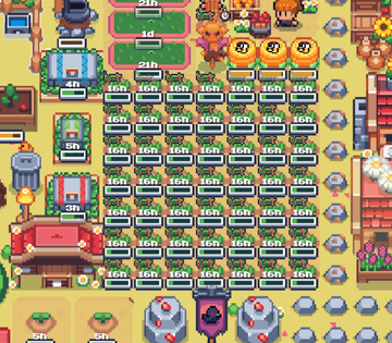 A pixel art game screenshot displaying a grid-based layout with numerous resource tiles labeled 'IGt', alongside characters, buildings, and decorative elements in a colorful top-down view.