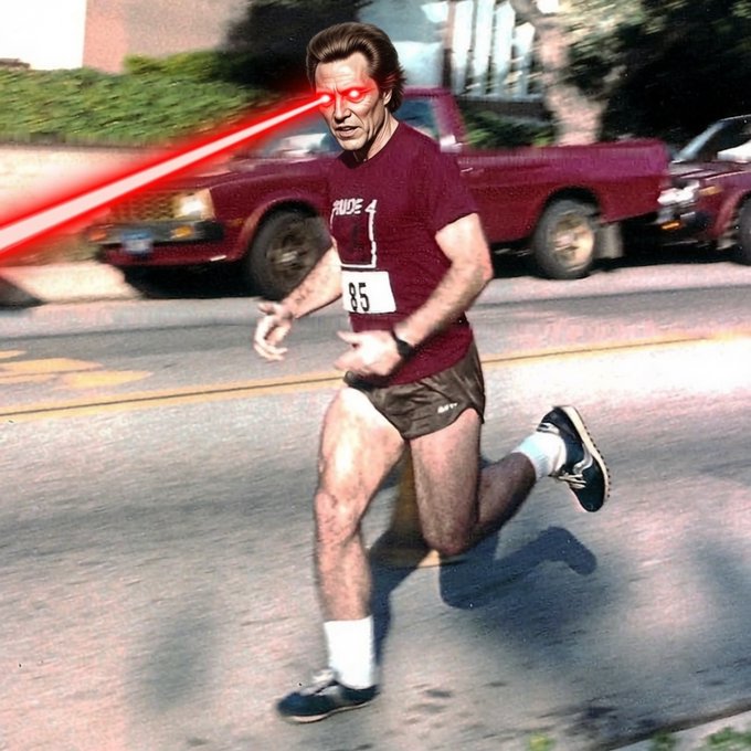A man runs down a street in a maroon t-shirt and shorts with race bib #85, while red laser beams shoot from his eyes in this edited photo.