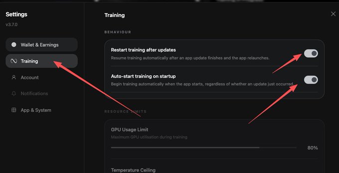 A screenshot of an app's 'Training' settings menu (v3.7.0) with red arrows pointing to toggles for 'Restart training after updates' and 'Auto-start training on startup,' along with a GPU Usage Limit slider set to 80%.