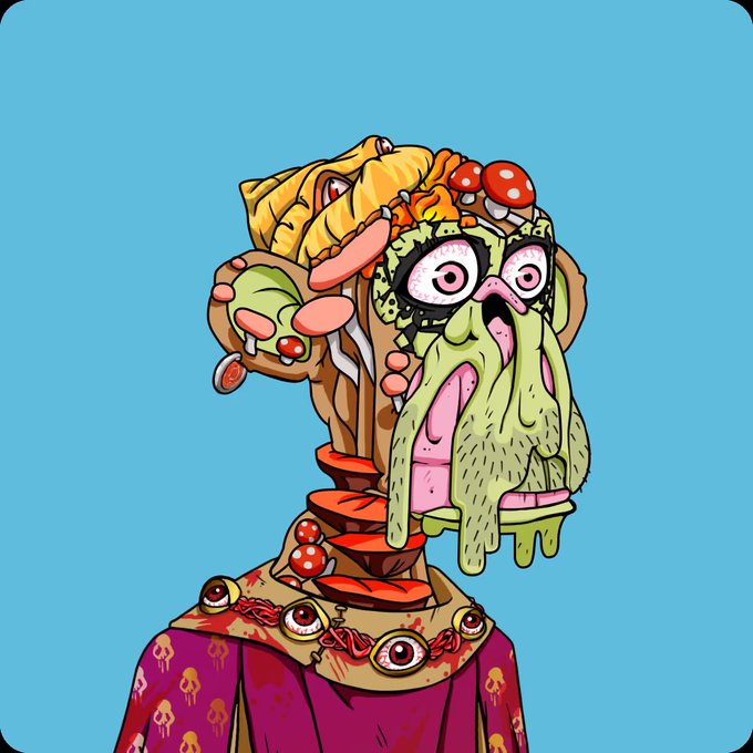 A grotesque, surreal illustration shows a figure with a green, slimy face and bulging eyes, surrounded by food items like sushi and mushrooms, wearing a pizza-patterned robe.