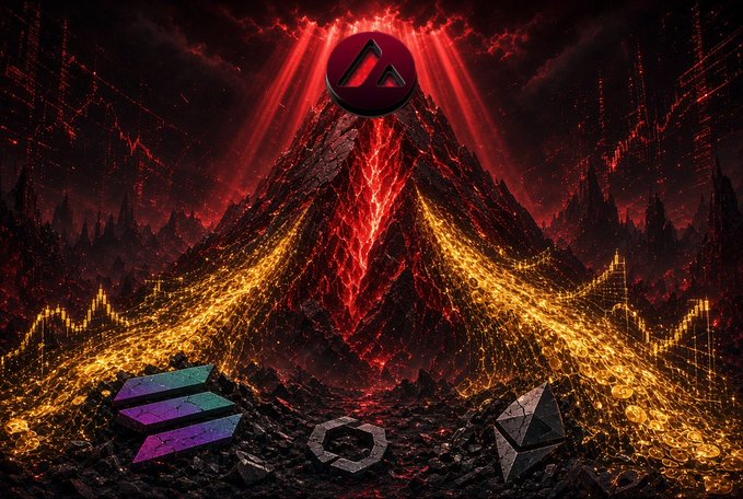 A dramatic dark fantasy illustration featuring an erupting volcano with red and gold lava flows, overlaid with cryptocurrency logos including Avalanche (AVAX), Solana (SOL), and Ethereum (ETH).