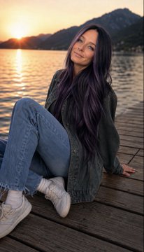 A woman with long dark hair wearing a green jacket and jeans sits on a wooden dock by a lake at sunset.