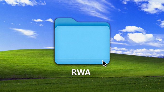 A stylized Windows XP "Bliss" desktop scene features a large blue folder icon labeled "RWA" (Real World Assets), visually symbolizing the tokenization of traditional stocks now accessible across 19 blockchain networks and 25 protocols mentioned in the post.