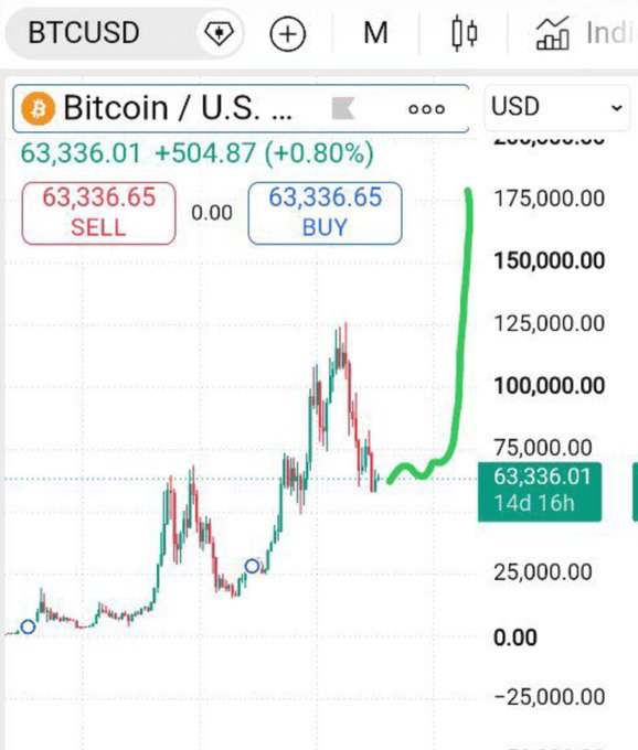 A BTCUSD trading chart shows Bitcoin at $63,336.01, up +$504.87 (+0.80%) for the day, with a smooth green projection line forecasting a parabolic rally toward $175,000—visually reinforcing the post's "Bull market loading" sentiment and signaling that any bearish momentum is coming to an end.