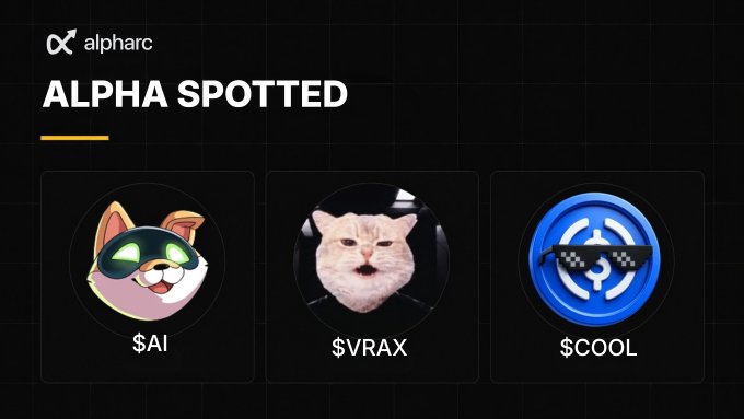 A promotional graphic titled 'ALPHA SPOTTED' from 'alpharc' displays three character icons labeled '$AI', '$VRAX' (a cat), and '$COOL'.