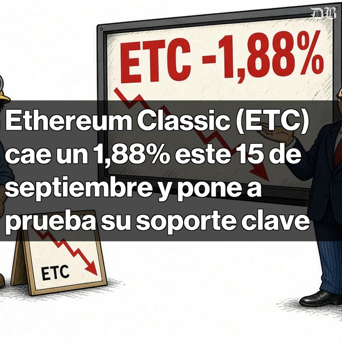 A Spanish-language financial news graphic showing 'ETC -1,88%' with text explaining 'Ethereum Classic (ETC) cae un 1,88% este 15 de septiembre y pone a prueba su soporte clave' (Ethereum Classic drops 1.88% on September 15 and tests its key support), illustrated with a character pointing at a falling chart.