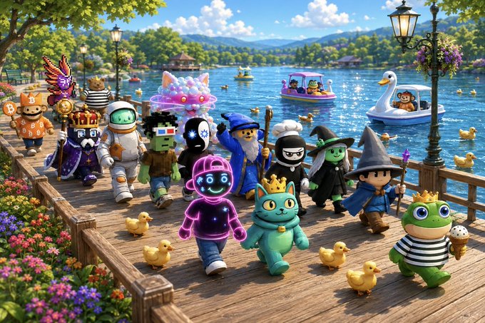 A whimsical 3D-rendered scene showing colorful cartoon characters in costumes (wizards, knights, astronauts) walking along a wooden pier by a lake with duck boats and rubber ducks.