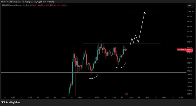 A TradingView chart of ZECUSDT Perpetual Contract shows the price currently at ~$849.08 on the 1-hour timeframe (Aug 25, 2026, 06:29), with a hand-drawn bullish projection indicating a potential breakout toward a $1,000 target if the key resistance level is reclaimed.