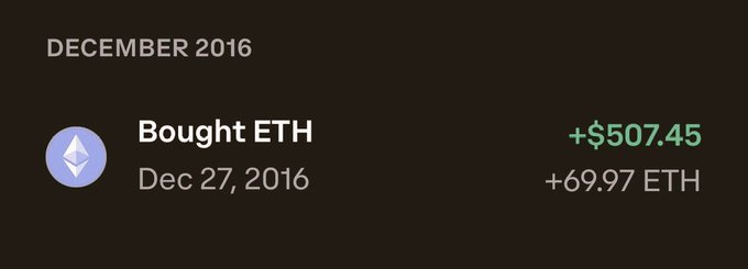 A screenshot of a cryptocurrency transaction record showing 'Bought ETH' on December 27, 2016, for +$507.45 / +69.97 ETH.